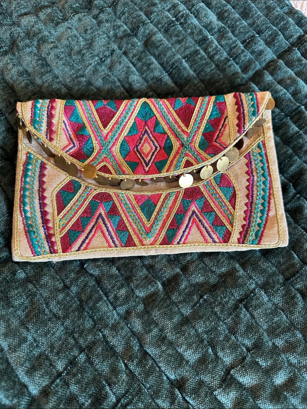 Embroidered Pink & Teal Aztec Geometric Envelope Clutch